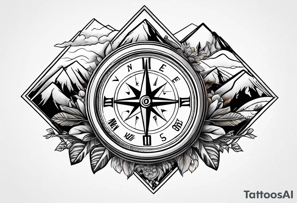 Feminine adventure, mountain scape, compass, large tattoo idea