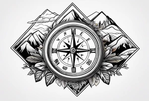 Feminine adventure, mountain scape, compass, large tattoo idea