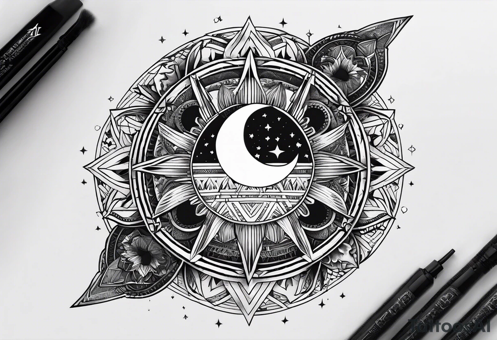 Forearm futuristic Mandala theme design with moon and wolves and arabic words tattoo idea