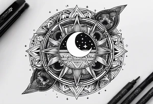 Forearm futuristic Mandala theme design with moon and wolves and arabic words tattoo idea