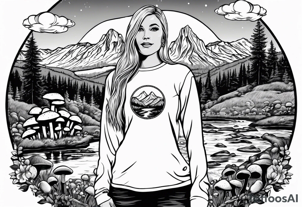 Whole picture encircled fully

Straight long blonde hair hippie girl in distance holding mushrooms in hand facing away toward mountains and creek surrounded by mushrooms long sleeve shirt and hiking pants; whole rendering within a full circle, no cut off circle tattoo idea