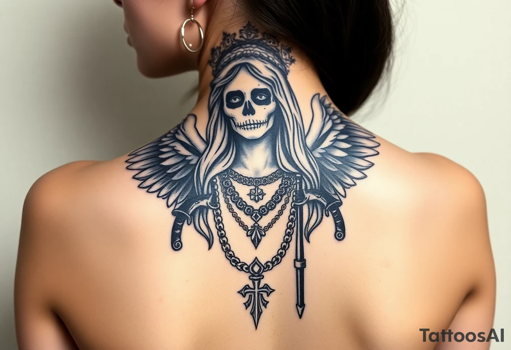 old angel statue (Santa Muerte style) criminal style tattooed and at the same time contemporary, weapons in hand, gangster-style gold necklaces tattoo idea