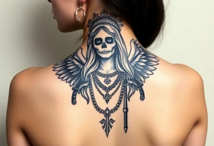 old angel statue (Santa Muerte style) criminal style tattooed and at the same time contemporary, weapons in hand, gangster-style gold necklaces tattoo idea