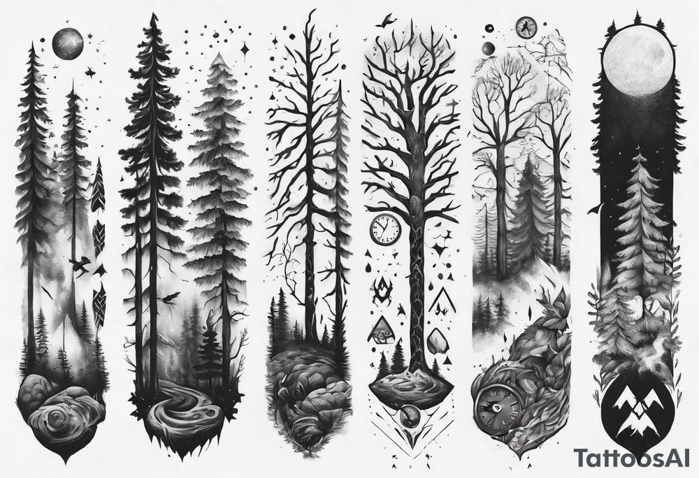 Full arm, Nordic, forest, time, presence tattoo idea