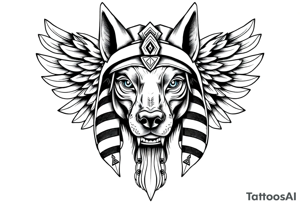Egyptian Anubis god face muscle in Egypt style  with mantle on head with empty eyes 

dog face surrounded Egyptian symbols based on elements tattoo idea