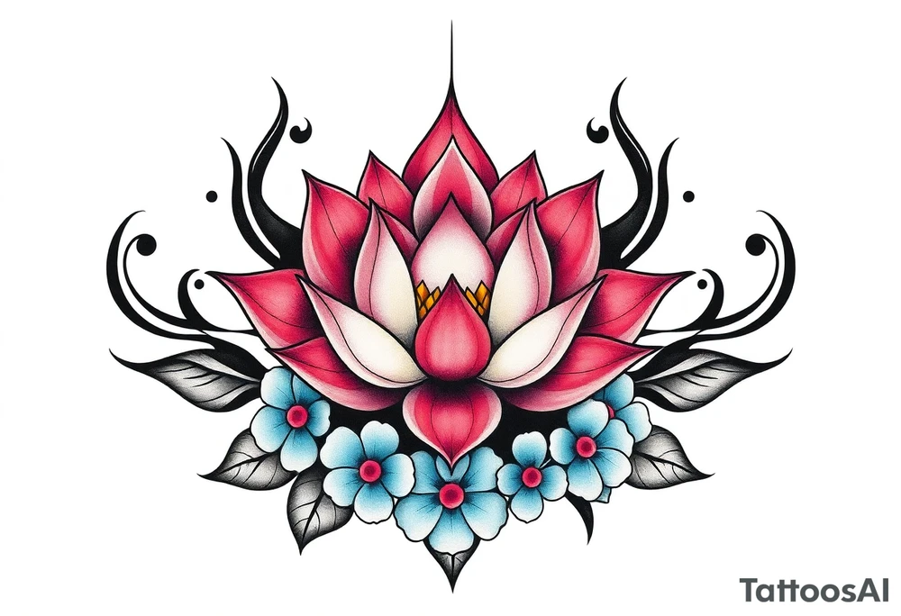 Lotus flower surrounded by forget me nots and peonies tattoo idea