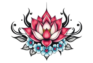 Lotus flower surrounded by forget me nots and peonies tattoo idea