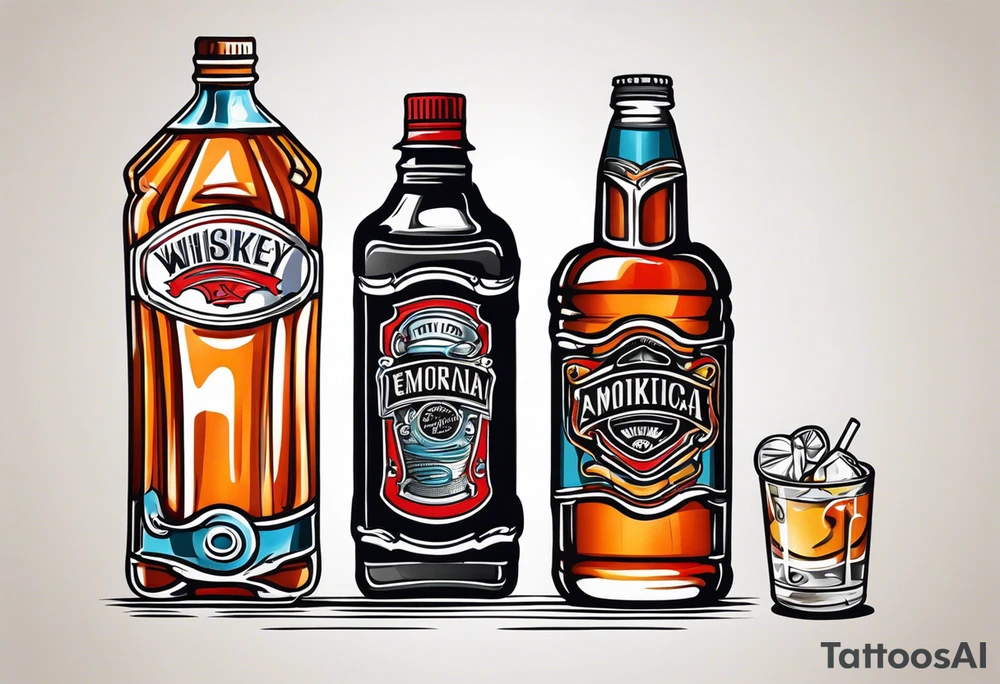 American traditional tattoo whiskey bottle and soda can tattoo idea