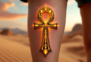 A golden Ankh with intricate hieroglyphs engraved, glowing under a warm desert sunset, symbolizing divine energy. tattoo idea