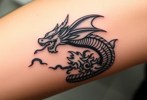 fierce dragon breathing iridescent fire against stormy skies tattoo idea