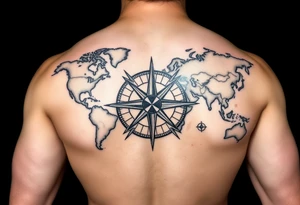 antique compass rose overlaid on weathered world map with sailing ships tattoo idea