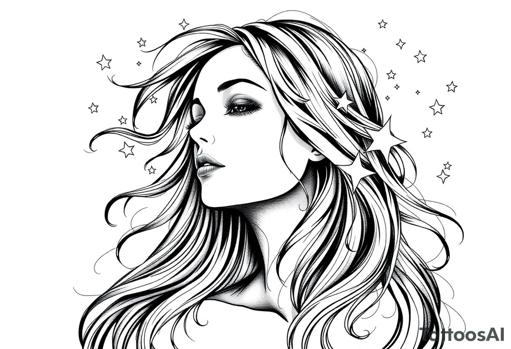 ethereal faceless woman with flowing hair and beautiful celestial stars tattoo idea