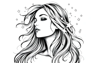 ethereal faceless woman with flowing hair and beautiful celestial stars tattoo idea