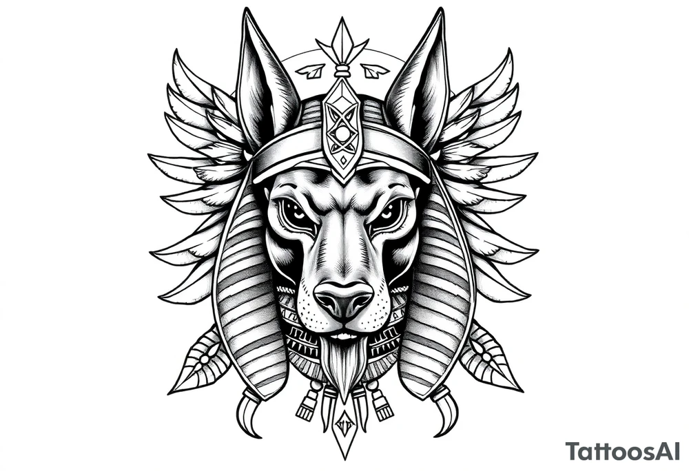 Egyptian Anubis god face muscle in Egypt style  with mantle on head with empty eyes 

dog face surrounded Egyptian symbols based on elements tattoo idea