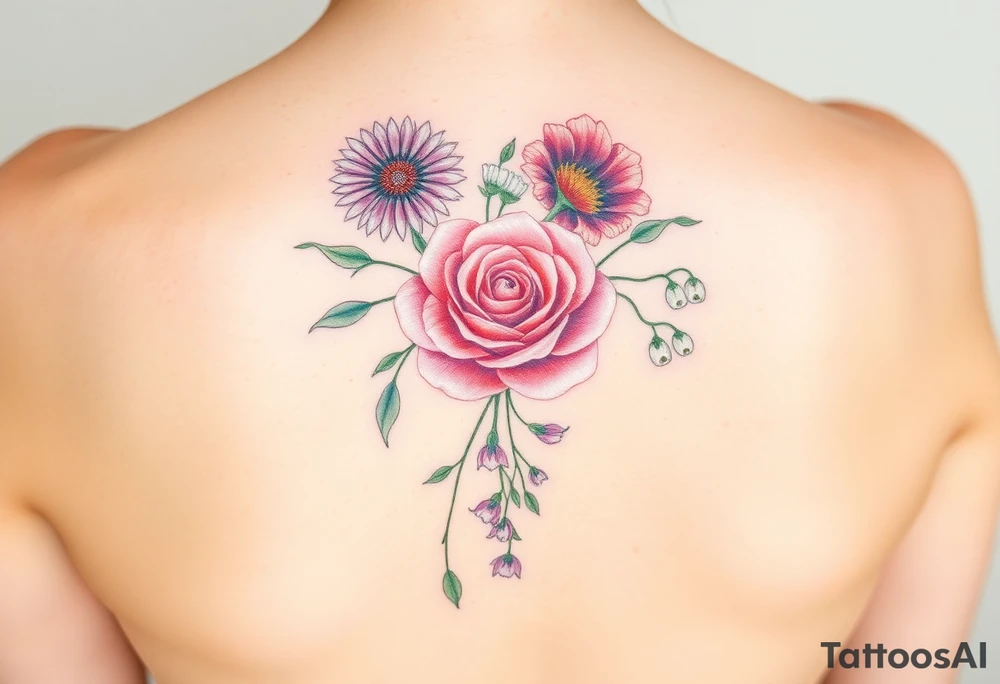 Small Bouquet of flowers starting upper middle back with long stems down spine with a aster, carnation, rose, Lily of the valley, larkspur with stems Starting upper middle back to right shoulder tattoo idea