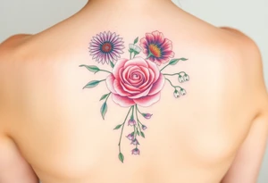 Small Bouquet of flowers starting upper middle back with long stems down spine with a aster, carnation, rose, Lily of the valley, larkspur with stems Starting upper middle back to right shoulder tattoo idea