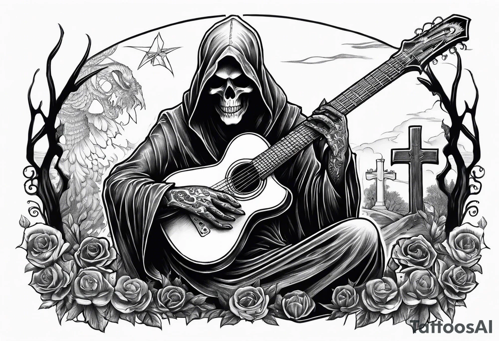 Grim Reaper playing guitar that resembles a scythe
 in a graveyard tattoo idea