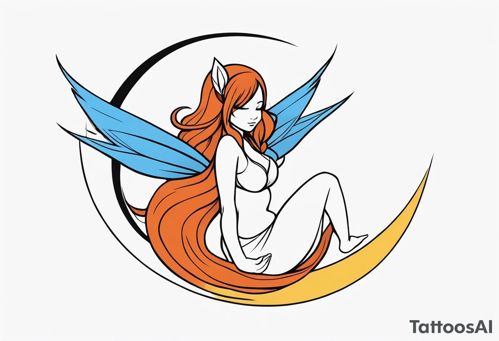 A fairy with a tail inspired by the logo of the show called Fairy Tail in a fetal position leaning in tattoo idea