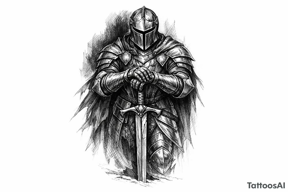 Knight in ornate plate armor, sword planted, shadowed background. tattoo idea