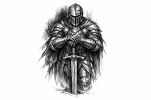 Knight in ornate plate armor, sword planted, shadowed background. tattoo idea