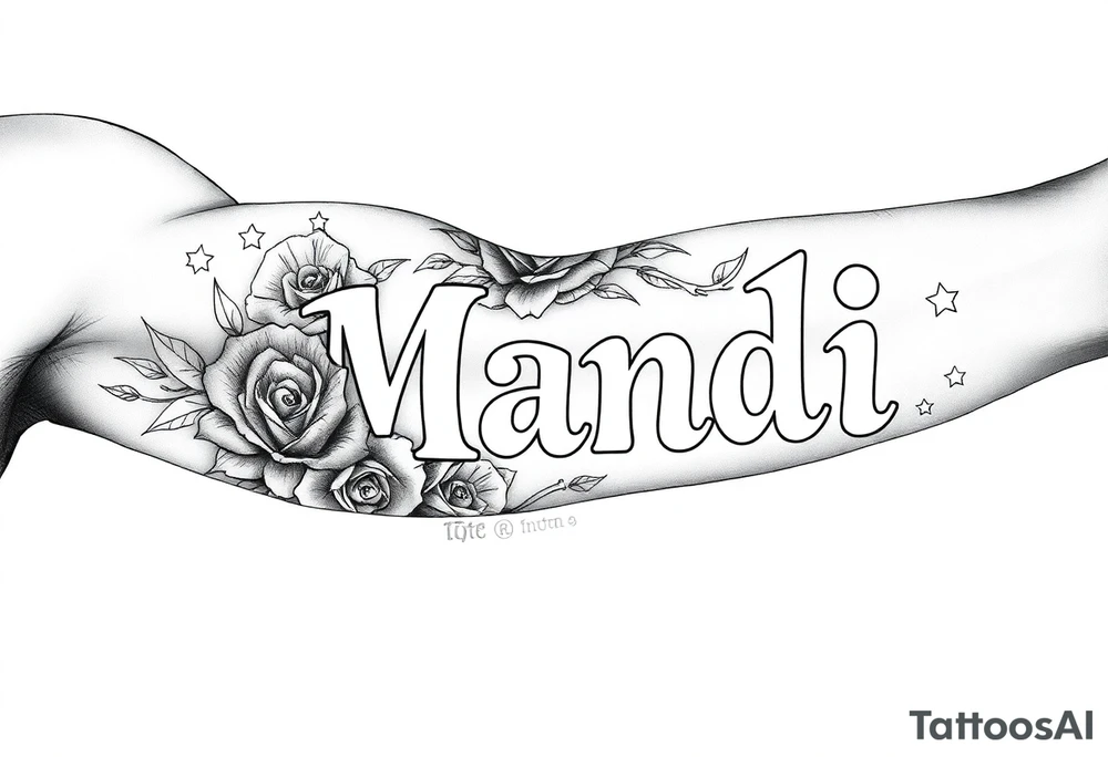 Name Mandi with roses and stars, Egypt theme tattoo idea