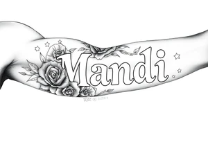 Name Mandi with roses and stars, Egypt theme tattoo idea