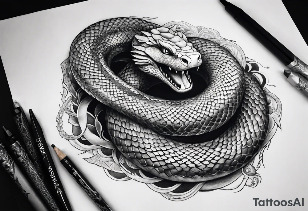 a Sleeve tattoo of jörmungandr, the mythical giant snake from god of war the game going from shoulder to bicep tattoo idea