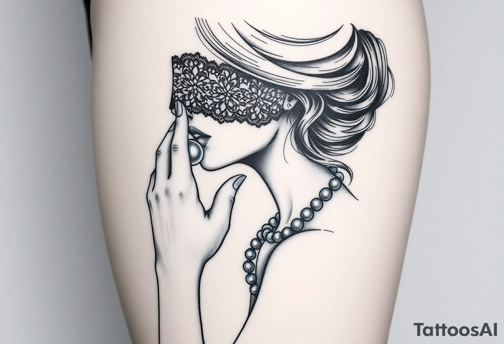 Black and white profile of woman with chin pressed on hand, lace covering  her eyes while sucking 
 on pearl necklace tattoo idea