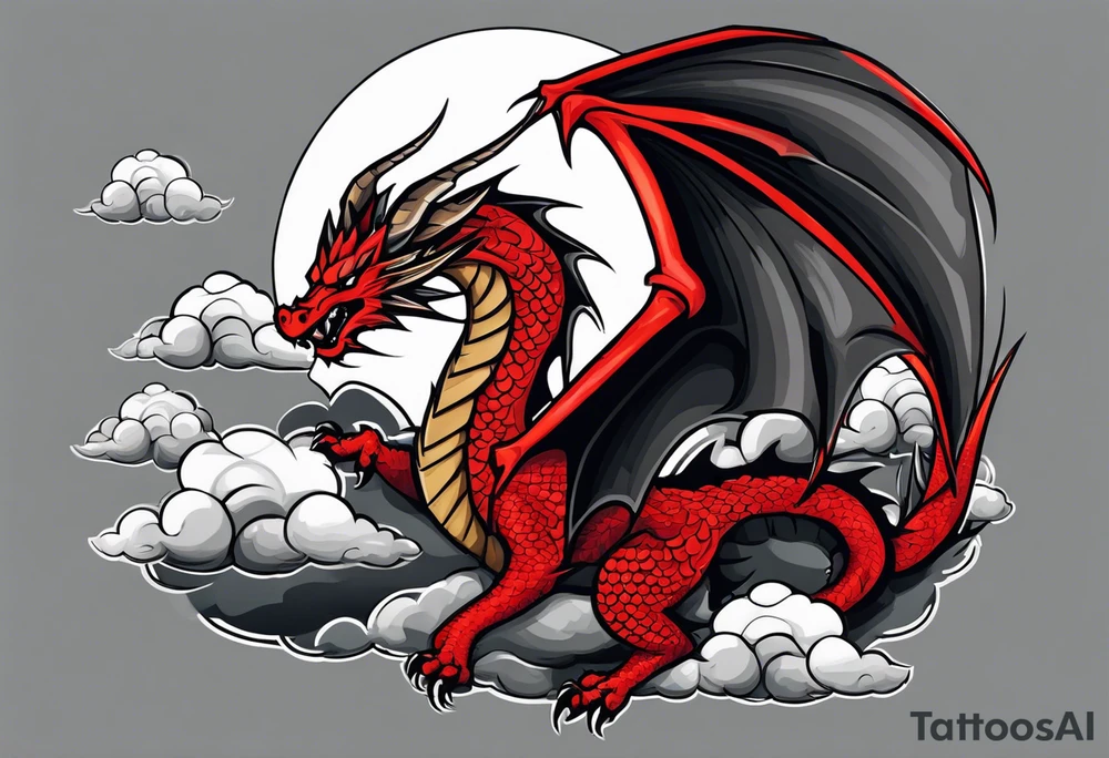 A red dragon emerging from the gray and black layered clouds in a sky where lightning flashes tattoo idea