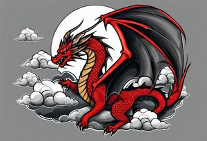 A red dragon emerging from the gray and black layered clouds in a sky where lightning flashes tattoo idea