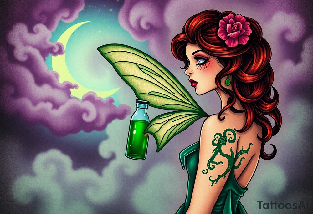 Tim Burton’s pin up style Vintage Parisian elegant and beautiful yet eerie full body absinthe Green Fairy dances outside her victorian crystal decatur absinthe bottle Absinthe Art Nouveau   and dripping with muted reds, dusty pinks, and eerie green glow.purple and cyan smokey clouds swirl in the crescent moonlit sky thats sprinkled with stars tattoo idea