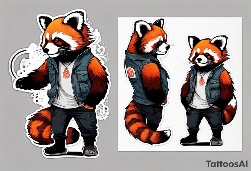 Tall Rebel red panda full body wearing aviator sunglasses and stretched up tall tattoo idea