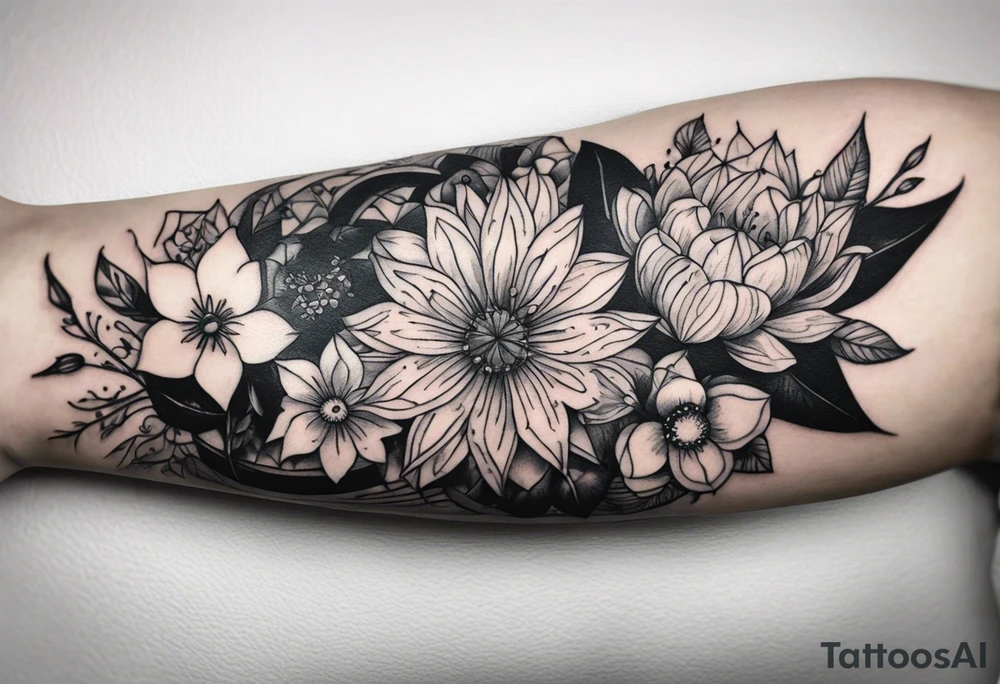 A forearm tattoo portraying darkness and light in a garden tattoo idea