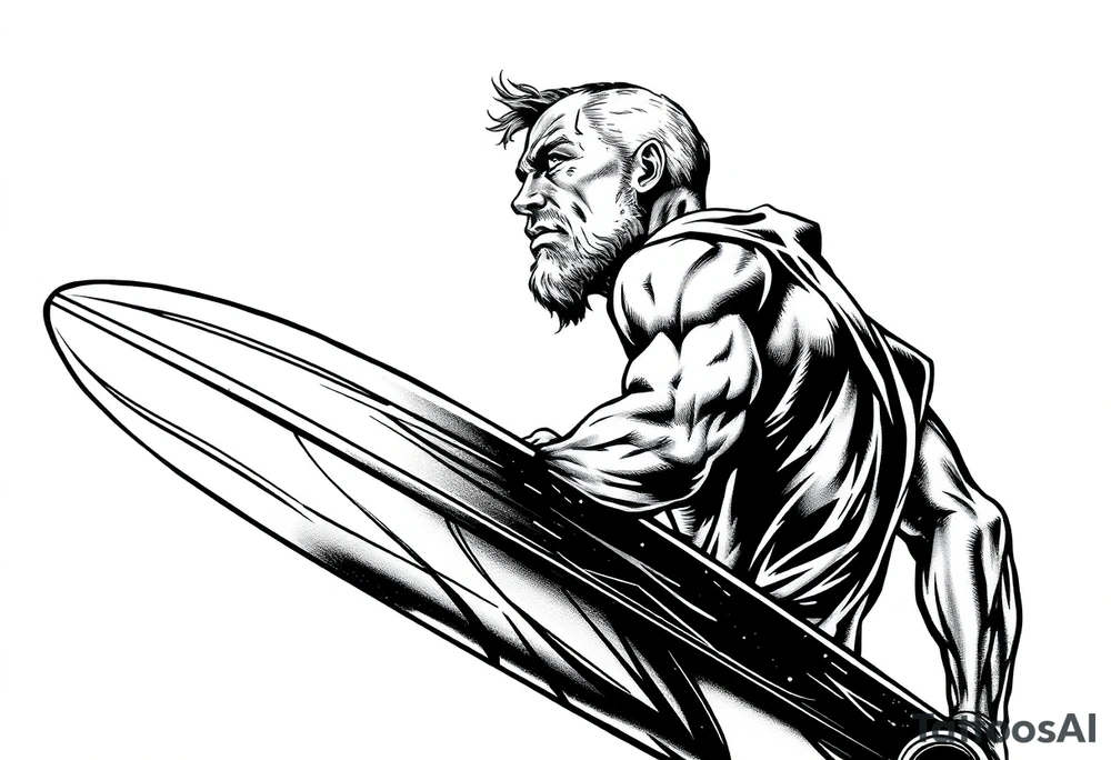 comic hero silver surfer on his board looking over in deep thought as he is in the sky tattoo idea
