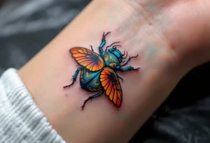 A turquoise scarab beetle with sunset-orange wings, representing rebirth and transformation. tattoo idea