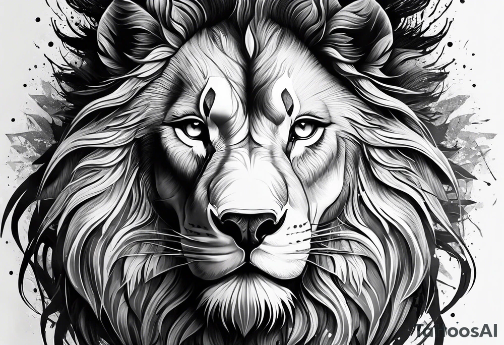 a face of a fearless lion combined whit a fearless wolf in the wood tattoo idea