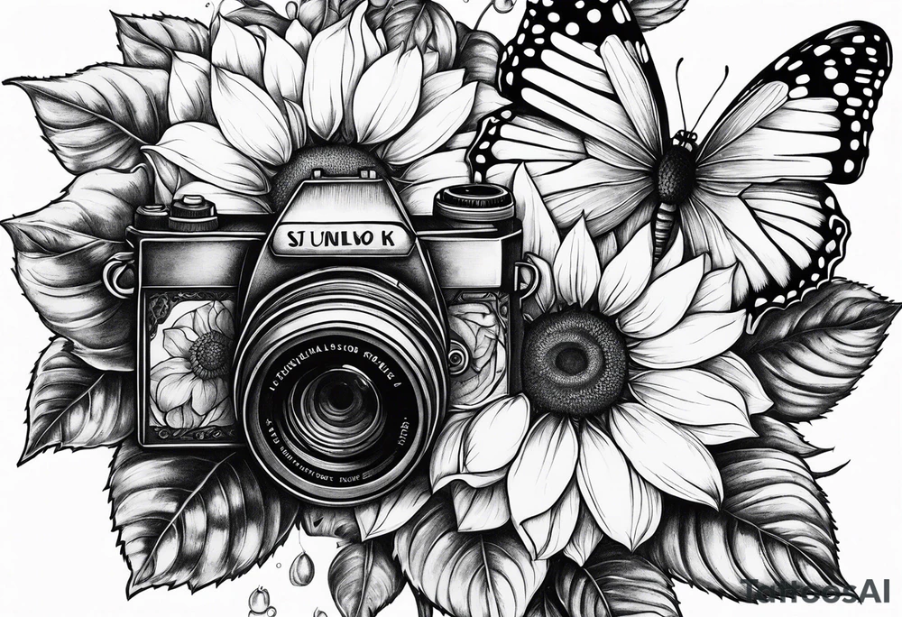Butterfly, sunflower, camera, book, flower rose tattoo idea