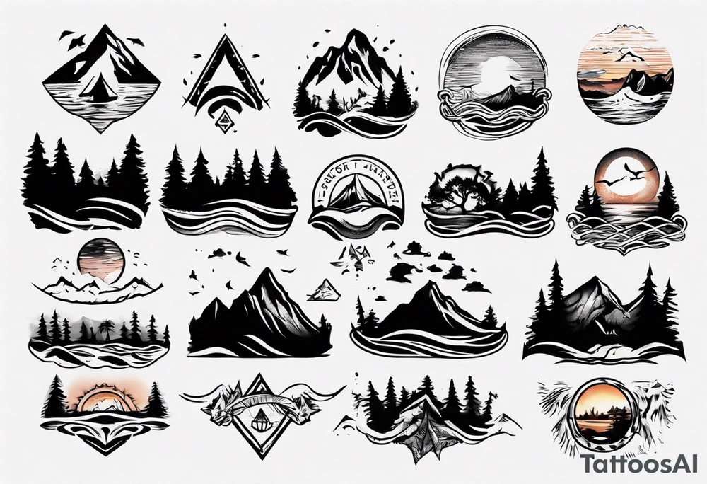 forearm tattoo with mountains, beach, waves, sunset, camping, trees tattoo idea
