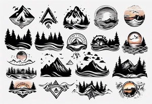 forearm tattoo with mountains, beach, waves, sunset, camping, trees tattoo idea