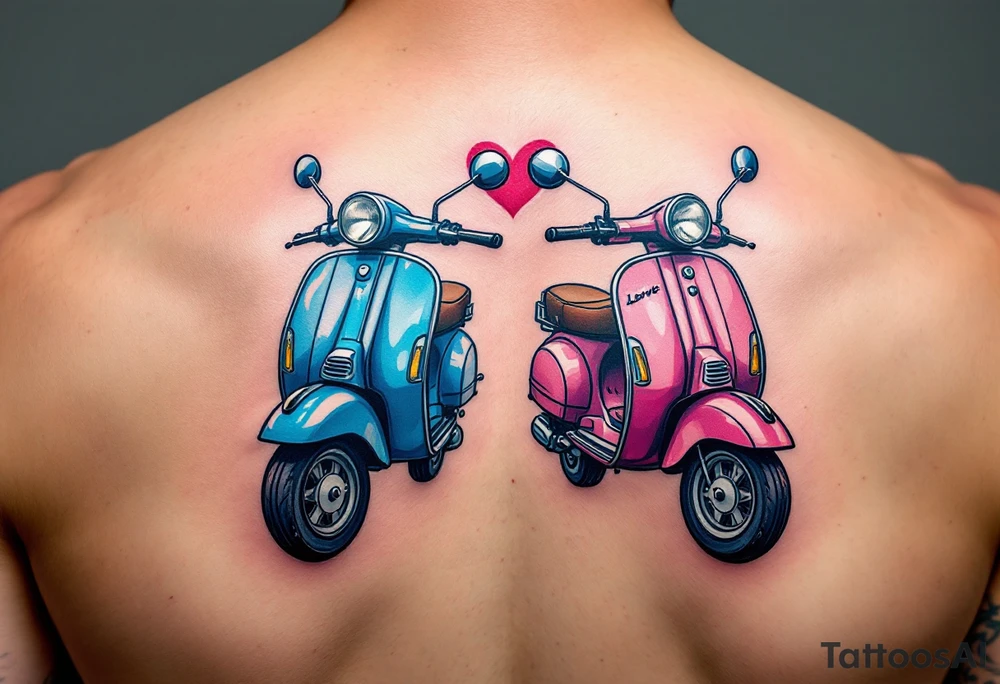 2 scooters, blue and pink, riding together in love tattoo idea