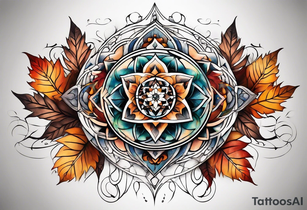 front knee tattoo with sacred geometry, swirls & washes, background and in fall colors tattoo idea