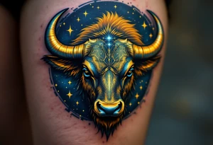 The Taurus star constellation of golden bull charging through a velvet-blue night. tattoo idea