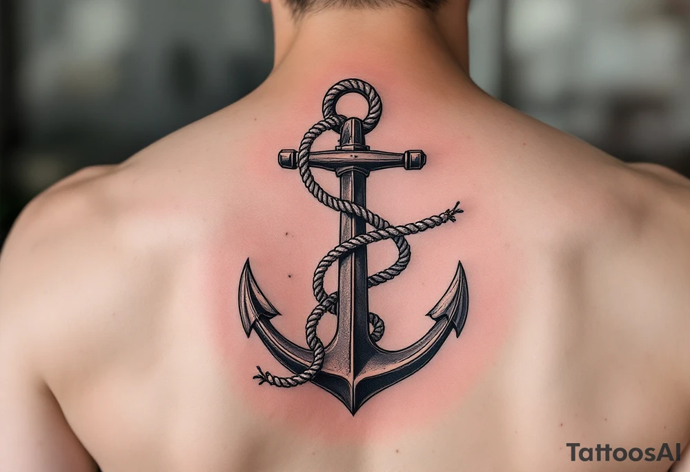 weathered anchor wrapped in nautical rope with sea waves tattoo idea