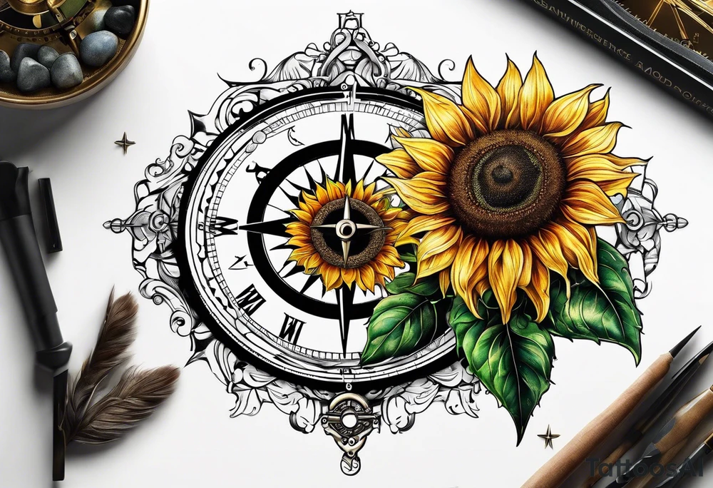 Sunflower next to a compass tattoo idea