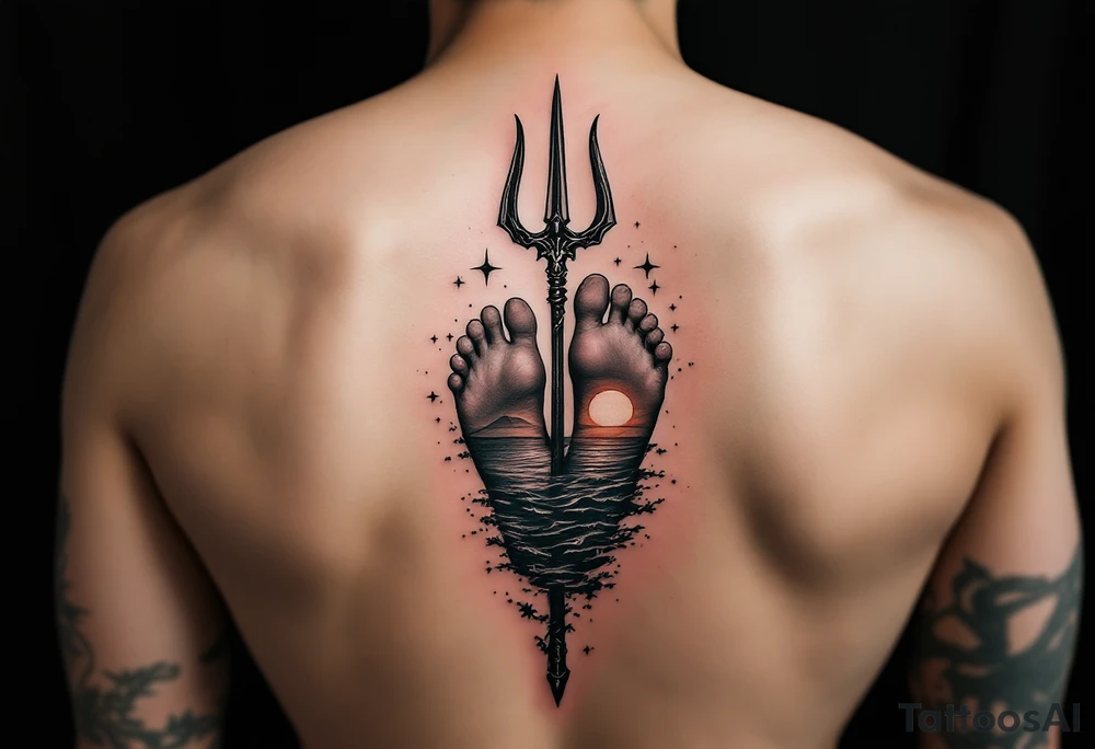 barefeet behind trident with water and sunset tattoo idea