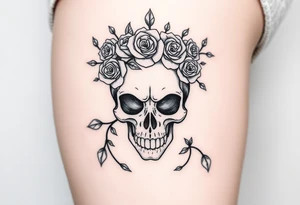 ornate skull adorned with crown of wild roses and thorns tattoo idea