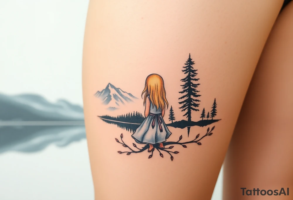 Little blond girl in front of a lake and mountain tattoo idea