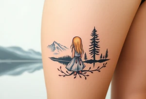 Little blond girl in front of a lake and mountain tattoo idea