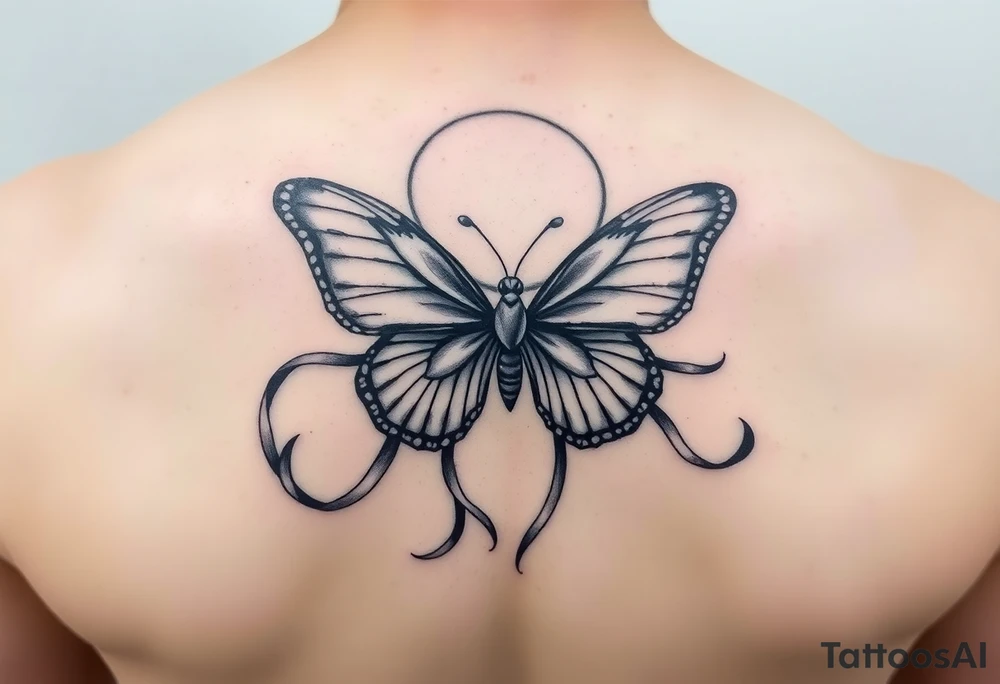 ethereal butterfly with flowing silk ribbons in moonlight tattoo idea