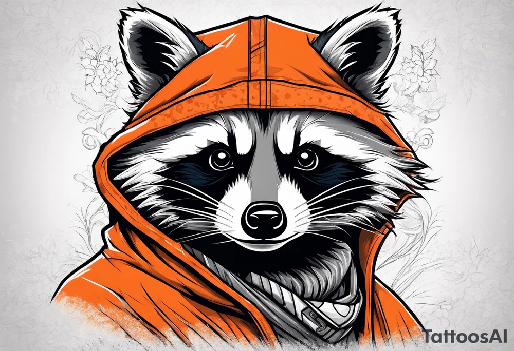 Raccoon wearing an orange Superman hoodie tattoo idea